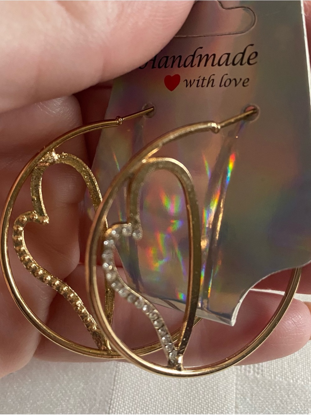Gold Heart Hoop Earrings with Rhinestone Accent